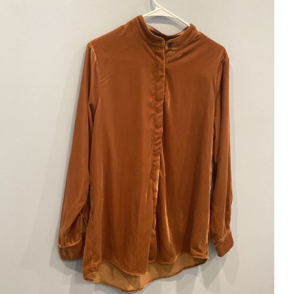 Soft Surroundings Womens Velvet Button Up Shirt Medium Tan Bohemian Fall Casual
